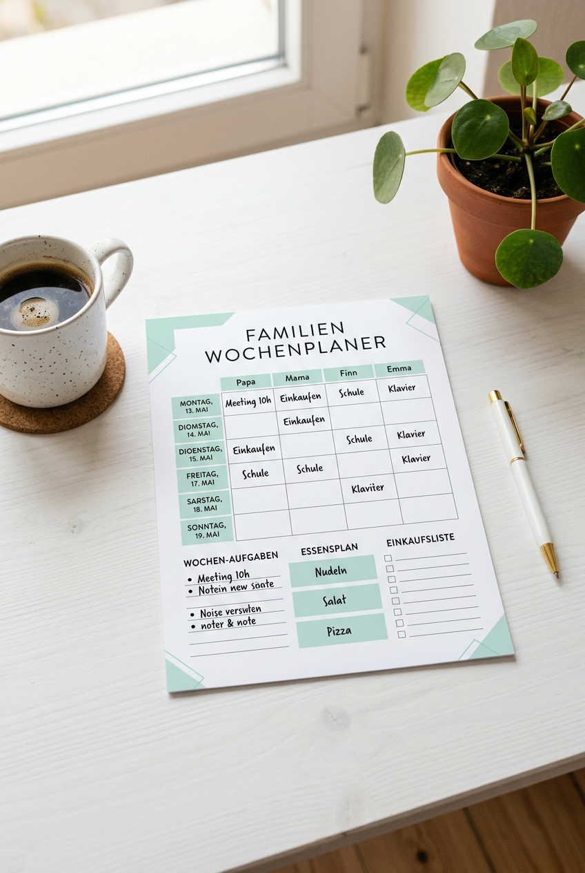 Familien Wochenplaner ausgedruckt auf A4 Papier auf einem modernen Schreibtisch